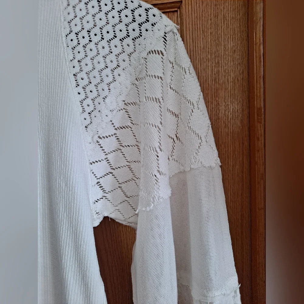 Free People Love Too Much White Mock Neck Top With Lace Sleeves